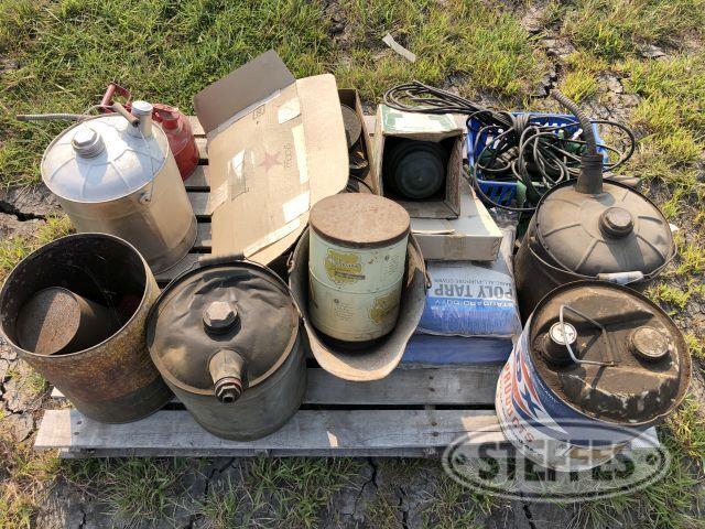 Pallet of Metal Gas Cans, Oil Lamps, & Tarps